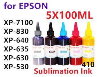 May include: Five bottles of sublimation ink for Epson printers. The bottles are labeled with the ink color: photo black, black, cyan, magenta, and yellow. Each bottle contains 100 ml of ink.