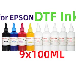 May include: Nine bottles of DTF ink for Epson printers. The bottles are 100 ml each and come in black, cyan, magenta, yellow, and white.