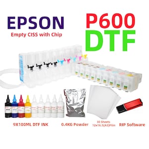 Könnte beinhalten: Epson P600 DTF leeres CISS mit Chip, neun 100ml DTF-Tintenflaschen, 0,4kg Pulver, 30 Blatt 12x16,5 Zoll A3-Folie und ein rot-schwarzer USB-Stick mit RIP-Software. Das System umfasst Tintentanks aus durchsichtigem Kunststoff.