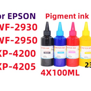 Könnte beinhalten: Vier Flaschen Pigmenttinte für Epson-Drucker. Die Flaschen sind schwarz, blau, rot und gelb, mit dem Text "PETER INK" auf jeder. Das Bild enthält auch den Text "for EPSON", "WF-2930", "WF-2950", "XP-4200", "XP-4205" und "4X100ML".