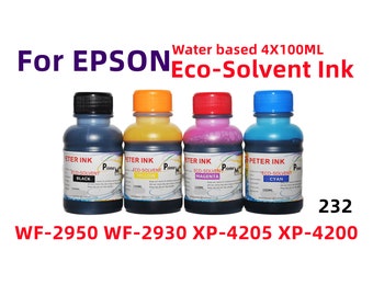4 cartucce di inchiostro Eco Solvent (a base d'acqua) da 100 ml per stampanti Wf-2950 Wf-2930 xp-4200 xp-4205 T232 232 con sistema CISS per trasferimenti.