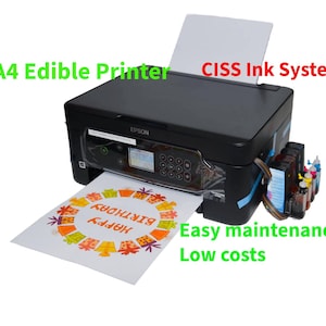 May include: Black A4 edible printer with a CISS ink system. The printer is printing a colourful birthday cake design. The image also includes the text "Easy maintenance" and "Low costs".