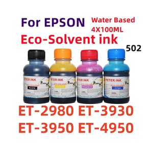 May include: Four bottles of Eco-Solvent ink for Epson printers. The bottles are labelled black, yellow, magenta, and cyan. Each bottle has a coloured cap and contains 100ml of ink. The image also displays the printer model numbers ET-2980, ET-3930, ET-3950, and ET-4950.