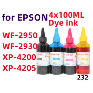Könnte beinhalten: Vier 100-ml-Flaschen Farbstofftinte für Epson-Drucker in den Farben Schwarz, Cyan, Magenta und Gelb. Die Etiketten tragen die Aufschrift Peter Ink und 232. Der Text umfasst for EPSON, 4x100ML Dye ink, WF-2950, WF-2930, XP-4200 und XP-4205.