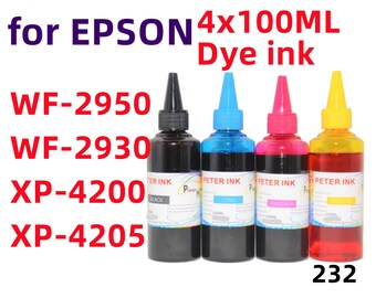 4 cartucce di inchiostro a colorante premium da 100 ml per stampanti WF-2950 WF-2930 XP-4200 XP-4205 T232 232 con sistema di inchiostri a sgancio rapido (CISS).