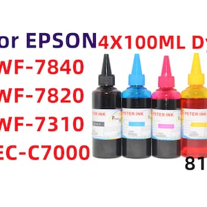 以下が含まれることがあります： Epsonプリンター（WF-7840、WF-7820、WF-7310、EC-C7000）用のPeter Ink染料インク100mlボトル4本セット。ブラック、シアン、マゼンタ、イエローのインクが入った透明なボトルで、それぞれ対応する色のノズルキャップが付いています。