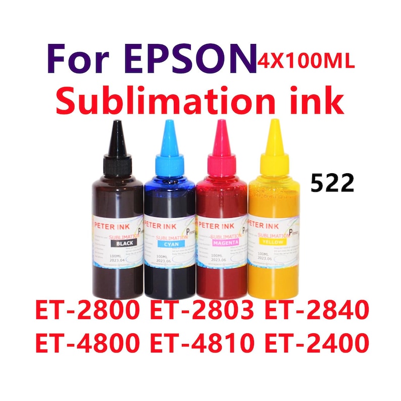 May include: Four bottles of sublimation ink for Epson printers. The bottles are black, cyan, magenta, and yellow. Each bottle is labeled with the brand "Peter Ink" and the ink color. The image also includes the text "For EPSON 4x100ML Sublimation ink."