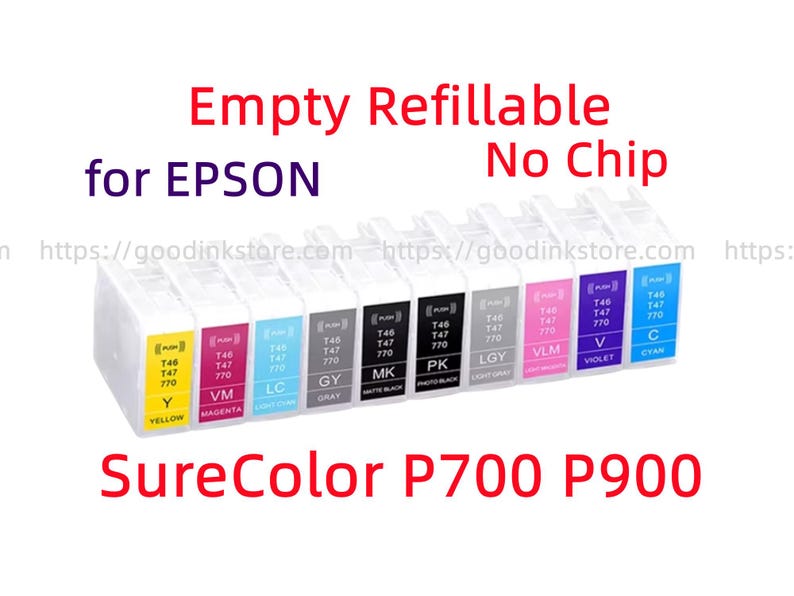 Op de afbeelding: Een set van tien lege navulbare inktcartridges voor Epson SureColor P700 en P900 printers. De cartridges zijn transparant met gekleurde labels voor geel, magenta, lichtcyaan, grijs, matzwart, fotozwart, lichtgrijs, violet magenta, violet en cyaan.