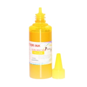 May include: A yellow printer ink bottle with a matching yellow cap. The bottle is labeled "Sublimation Yellow" and contains 100ml of ink. The bottle is made of clear plastic, allowing the yellow ink to be visible.