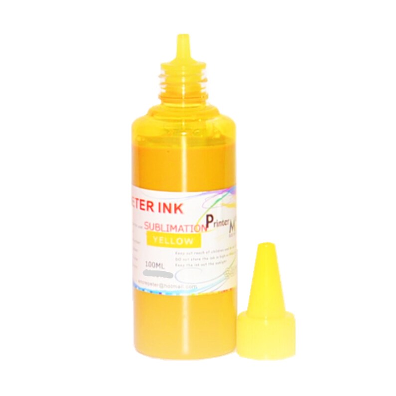 May include: A yellow printer ink bottle with a matching yellow cap. The bottle is labeled "Sublimation Yellow" and contains 100ml of ink. The bottle is made of clear plastic, allowing the yellow ink to be visible.