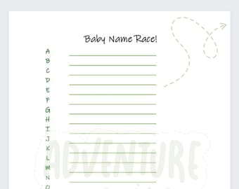 Babyshowerspel - babynaamrace - avontuur wacht! Digitale pdf-afdrukbare babyshower