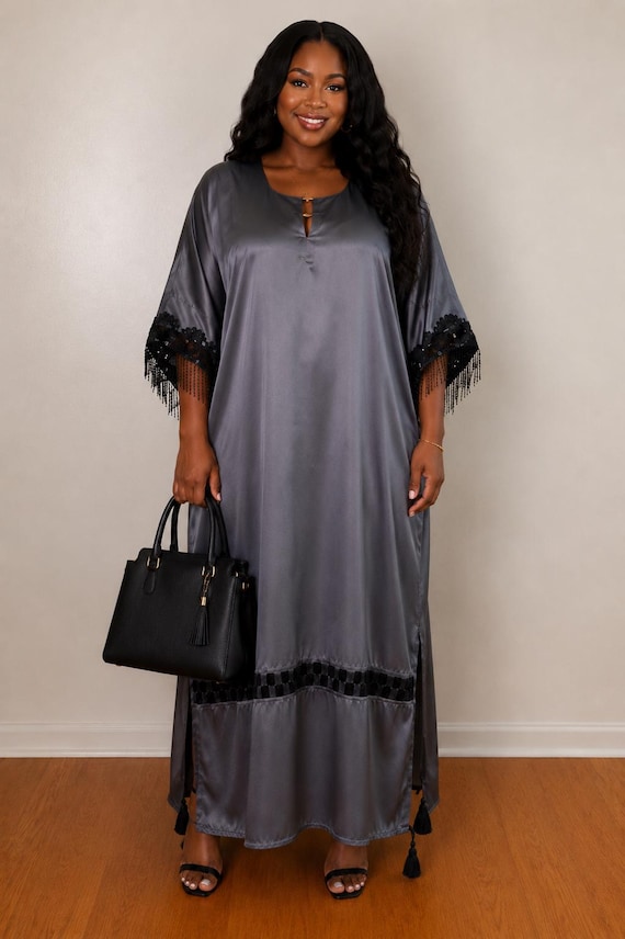 charcoal grey lace dress Gray Mikado Kaftan Plus Size Boubou with Trim Elegant Dress-One Size Formal dresses