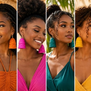 May include: A set of four pairs of bell-shaped drop earrings featuring a woven texture. The earrings are displayed in orange, bright pink, teal, and yellow, each hanging from a simple gold-toned metal hook wire for pierced ears.