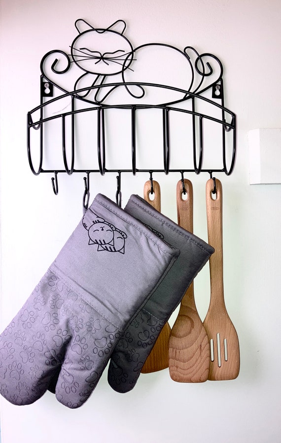Set Of 2 Oven Gloves Gauntlets - Grey Cat Print, Heat Resistant Mitts For Baking, Grilling, BBQ