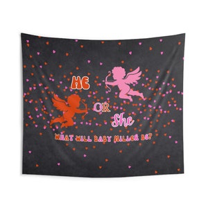 Custom Cupid He or She Theme Gender Reveal Baby Shower Tapestry Backdrop, Pink or Blue, What Will It Be?, Custom Name Backdrop