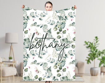 Personalized Watercolor floral Blanket, Eucalyptus Blanket, blanket with Name, Custom gift, Birthday Anniversary Gift, Greenery Blanket