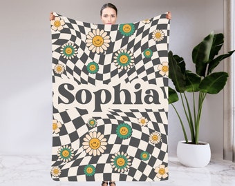 Manta personalizada de estilo retro con flores en estilo rústico vintage con nombre, manta personalizada para regalar, regalo de aniversario de cumpleaños, regalo personalizado