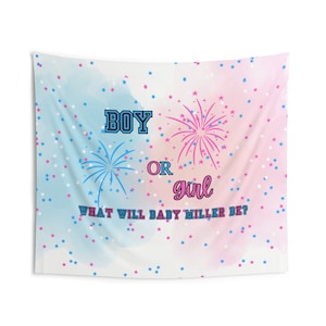 Custom Fireworks Boy or Girl Theme Gender Reveal Baby Shower Tapestry Backdrop, Pink or Blue, What Will It Be?, Custom Name Backdrop