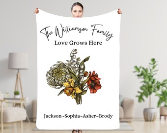 Manta de flores de nacimiento personalizada, ramo de flores personalizado para el mes de nacimiento de la familia, manta, flor del mes de nacimiento personalizada