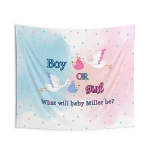 Custom Stork Boy or Girl Theme Gender Reveal Baby Shower Tapestry Backdrop, Pink or Blue, What Will It Be?, Custom Name Backdrop