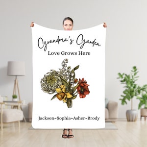 Personalized Grandma&#39;s Garden Blanket, Birth Flower Throw Blankets, Custom Gift for Mom, Grandma, Mother&#39;s Day Gift, Birthday gift