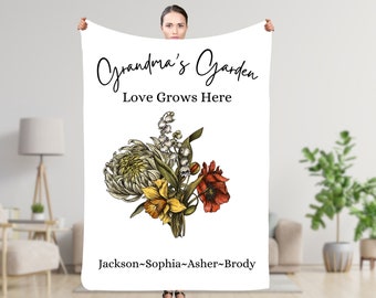 Personalized Grandma's Garden Blanket, Birth Flower Throw Blankets, Custom Gift for Mom, Grandma, Mother's Day Gift, Birthday gift