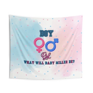 Custom Gender Symbol Boy or Girl Theme Gender Reveal Baby Shower Tapestry Backdrop, Pink or Blue, What Will It Be?, Custom Name Backdrop