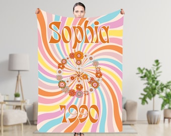 Manta de discoteca retro personalizada en estilo vintage con nombre y año, manta de regalo personalizada, regalo de aniversario de cumpleaños, regalo personalizado