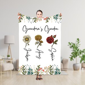 Personalized Grandma&#39;s Garden Blanket, Birth Flower Throw Blankets, Custom Gift for Mom, Grandma, Mother&#39;s Day Gift, Birthday gift