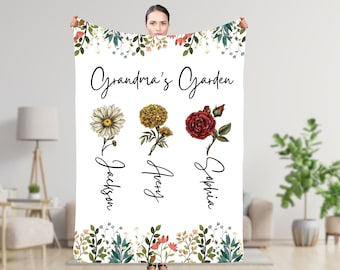 Personalized Grandma's Garden Blanket, Birth Flower Throw Blankets, Custom Gift for Mom, Grandma, Mother's Day Gift, Birthday gift