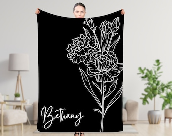 Personalized Name Blanket, Birth Month Flower, custom floral throw blanket, soft minky, customize with name, gift for her, mom friend quilt