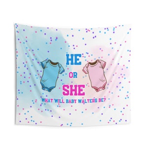 Custom He or She Bodysuit Theme Gender Reveal Baby Shower Tapestry Backdrop, Pink or Blue, What Will It Be?, Custom Name Backdrop