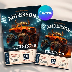 Zaproszenie na urodziny Toro Monster Truck | Edytowalny wiek ciężarówki | Szablon cyfrowy | Natychmiastowe pobranie | Wydrukowane zaproszenie na imprezę Monster Truck