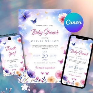Uitnodiging babyshower lavendel vlinder | Paarse babystrooisel met bloemen | Bewerkbare sjabloon | Digitale download | Directe toegang