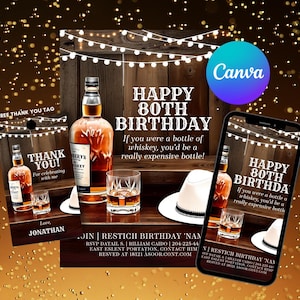 Whiskey Birthday Invitation | Surprise Party Adult | 30th 40th 50th Any Age | Cognac Scotch Liquor | Canva Editable Adult Men Birthday