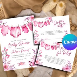 Girl Baby Clothes Baby Shower Invitation | A Sweet Baby Girl is on Her Way | Laundry Pink Floral Boho Baby | Editable Printable Download