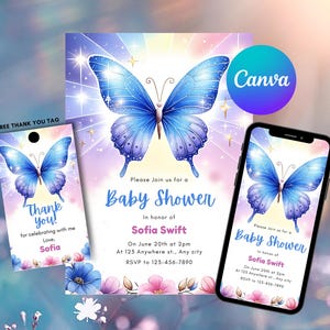 Lavendel Schmetterling Babyparty einladen | Blumenmuster Baby | Digitales Evite | Bearbeitbare Vorlage | Sofort Download