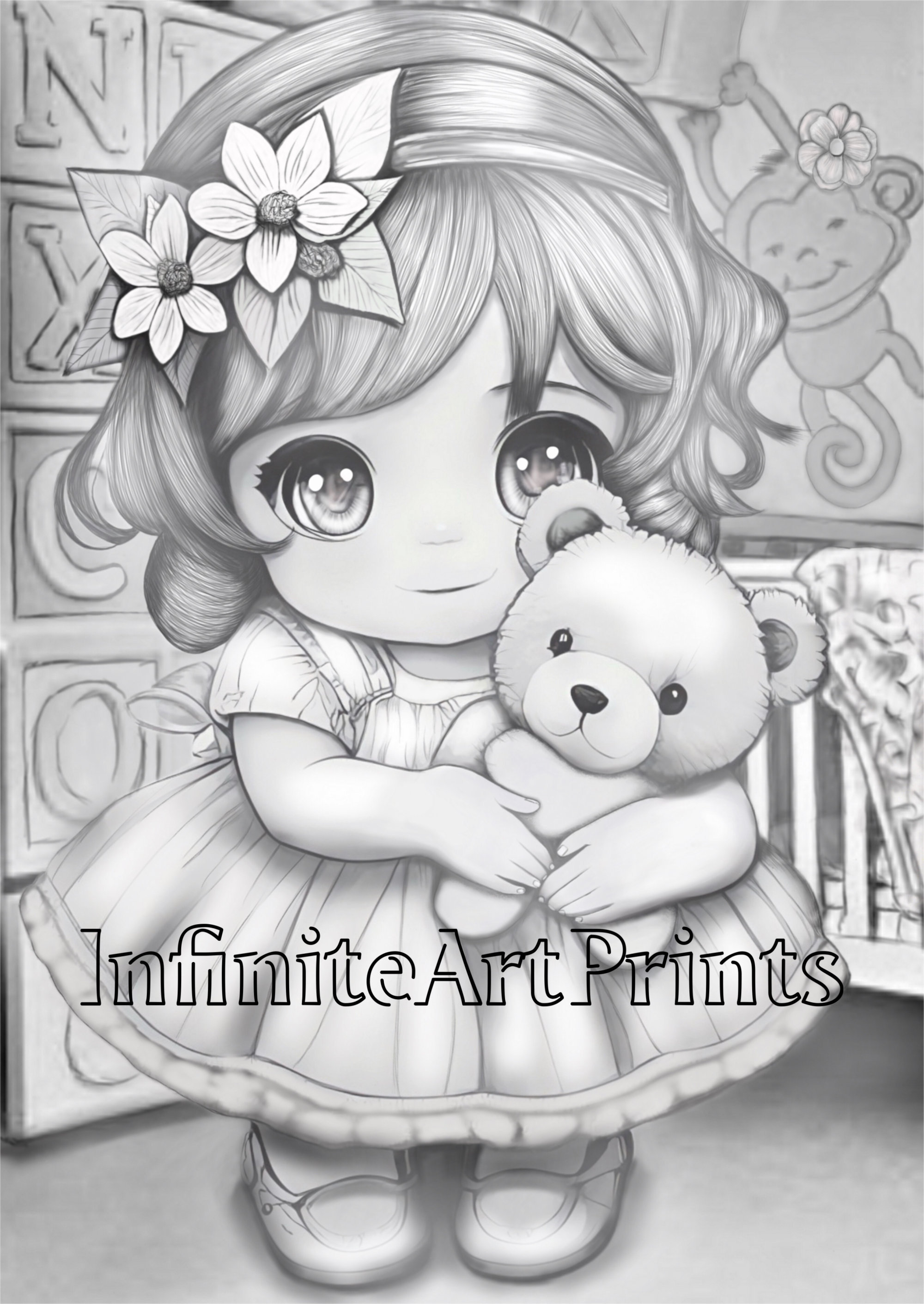 Cute Baby Girl Coloring Page, Premium Adult Colouring Page, Grayscale ...