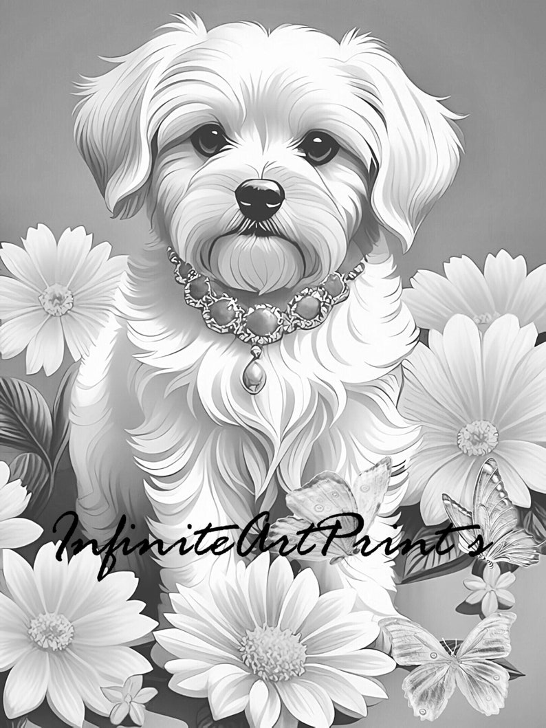 Flower Puppy Dog Coloring Page Premium Adult Colouring Page Etsy