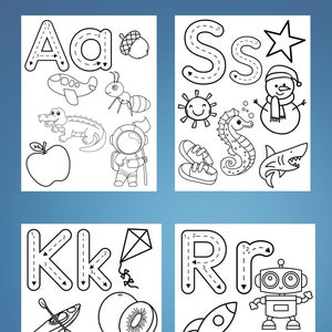 26 hojas de trabajo para colorear y calco ABC imprimibles, jardín de infantes, educación en el hogar, hojas de trabajo de reconocimiento de letras para preescolar, sonidos de letras