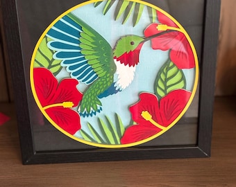 3D Hummingbird Shadow Box: 9x9 Layered Paper Art with Hibiscus and Palm Leaves