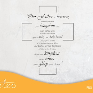 May include: Black and white printable art featuring a cross with the Lord's Prayer written in a cursive font. The text reads "Our Father in heaven, hallowed be your name, your kingdom come, your will be done, on earth as it is in heaven. Give us today our daily bread. And forgive us our debts, as we also have forgiven our debtors. And lead us not into temptation, but deliver us from the evil one. For yours is the kingdom, the power and the glory forever. Amen."