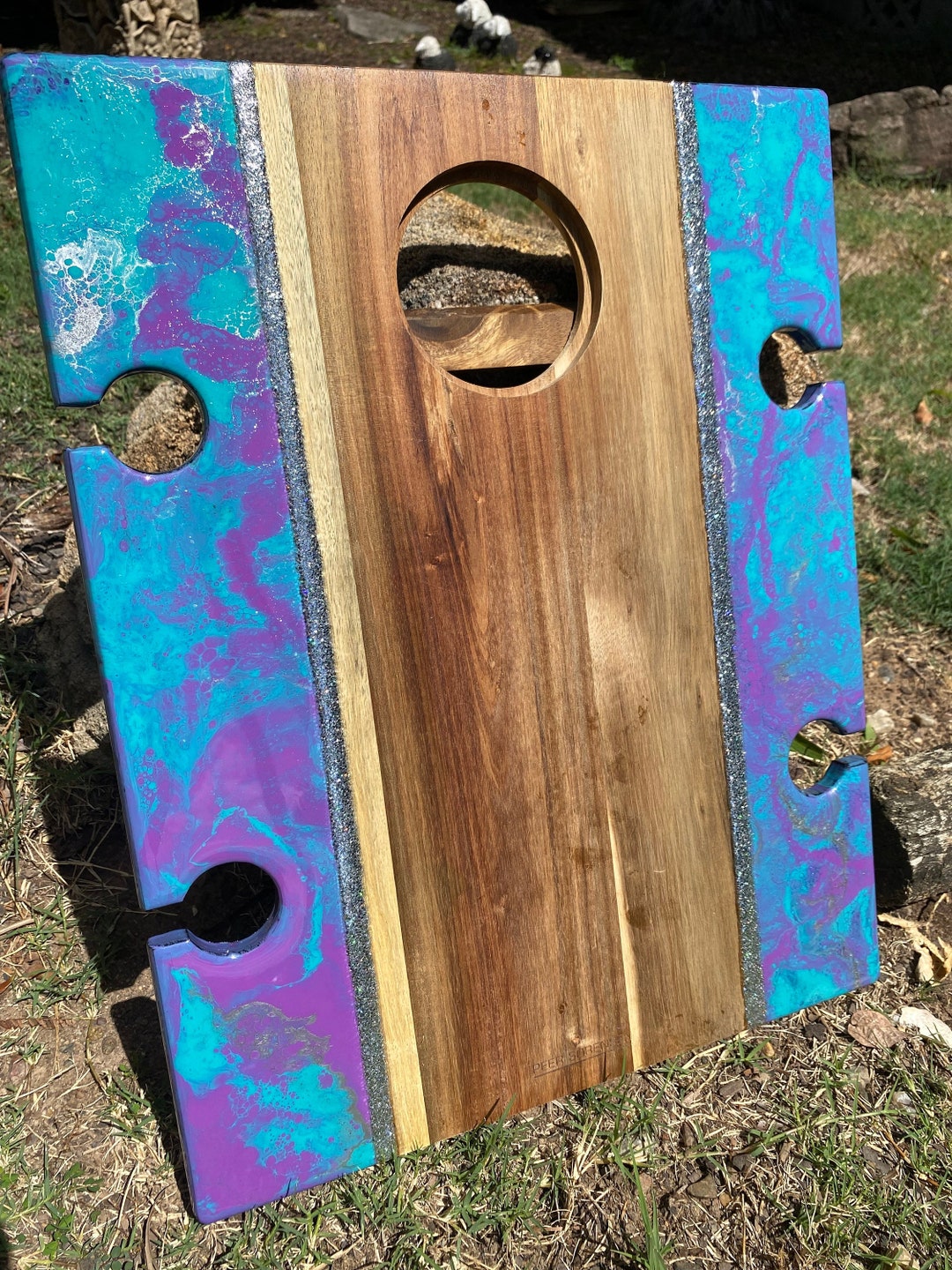 Resin Picnic Table Acacia Wood Foldable Cheese & Snack Wine Holder