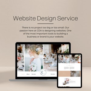 May include: Website design service advertisement featuring a laptop and tablet displaying a website mockup with a floral theme. The website has a navigation bar with the words "Home", "About", "Services", and "Portfolio".