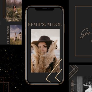 May include: A smartphone displays a design mood board with images of women in nature, a color palette, and the text "HELLO Gorgeous" in gold script on a black background. Gold geometric accents and a black and gold speckled design complete the layout.