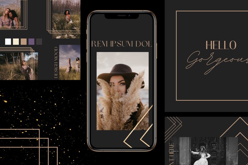 May include: A smartphone displays a design mood board with images of women in nature, a color palette, and the text "HELLO Gorgeous" in gold script on a black background. Gold geometric accents and a black and gold speckled design complete the layout.