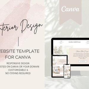 May include: A website template for interior designers, featuring a desktop computer, tablet, and phone mockup displaying a website with the text "Kendra Smith Home" and "Classic Home Design". The template is customizable and requires no coding.