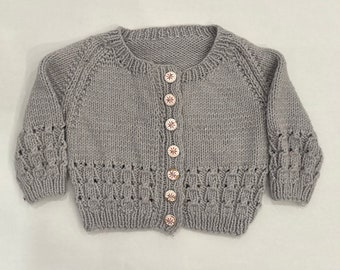 Vintage Grey Knitted Cardigan |  Handmade | Wooden Buttons - boy girl grey-  unisex - 6 months