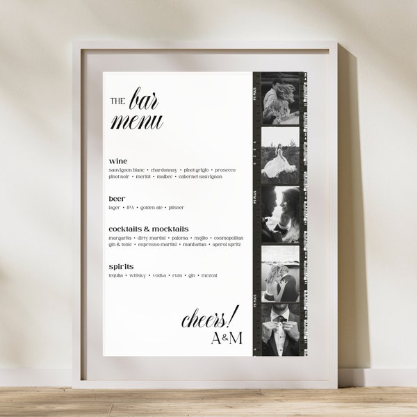 Minimalistische moderne Bar Menü Vorlage für Hochzeit - Filmstreifen - 8x10 - Canva Vorlage - Bearbeitbar druckbar (Digitaler Download)