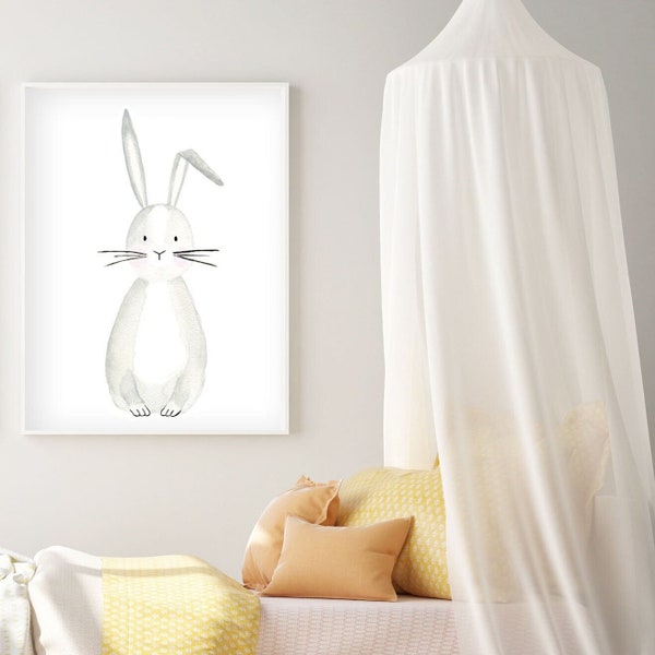 Bunny nursery print, Baby shower, Bunny nursery wall art, Nursery decor, Woodland baby boy room, Above crib decor, Minimalist playroom